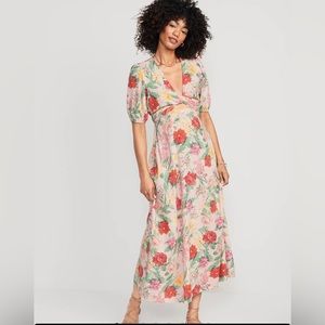 Fit & Flare Floral Linen-Blend Twist-Front Maxi Dress